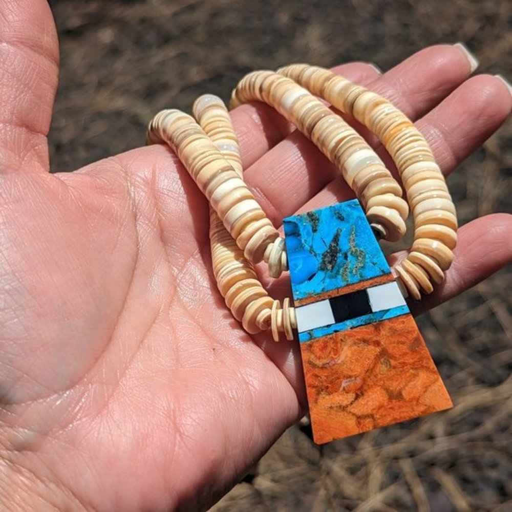 Hopi Shell Beads‎ Necklace Inlay Turquoise Pendant Native American Handmade*** - Picture 10 of 10